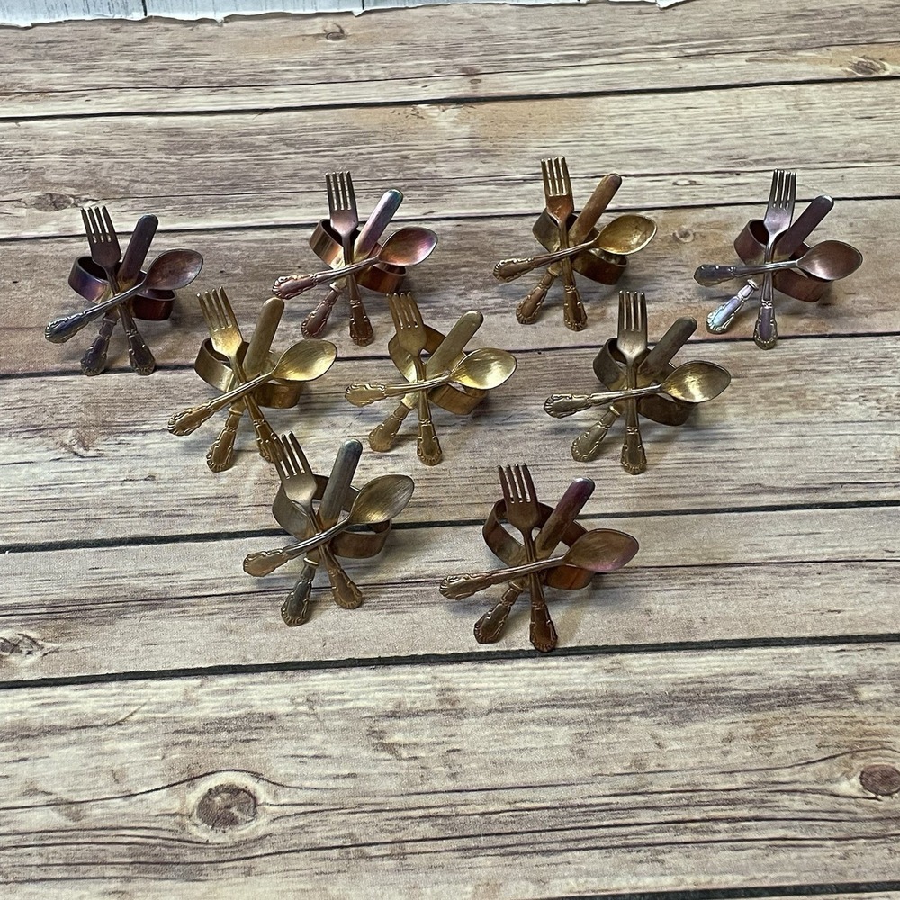 Vintage Gold Silverware Napkin Ring Fork Spoon & Knife Design Set of 9 MCM